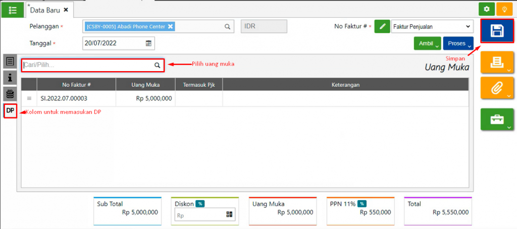 Cara memotong sales invoice menggunakan DP